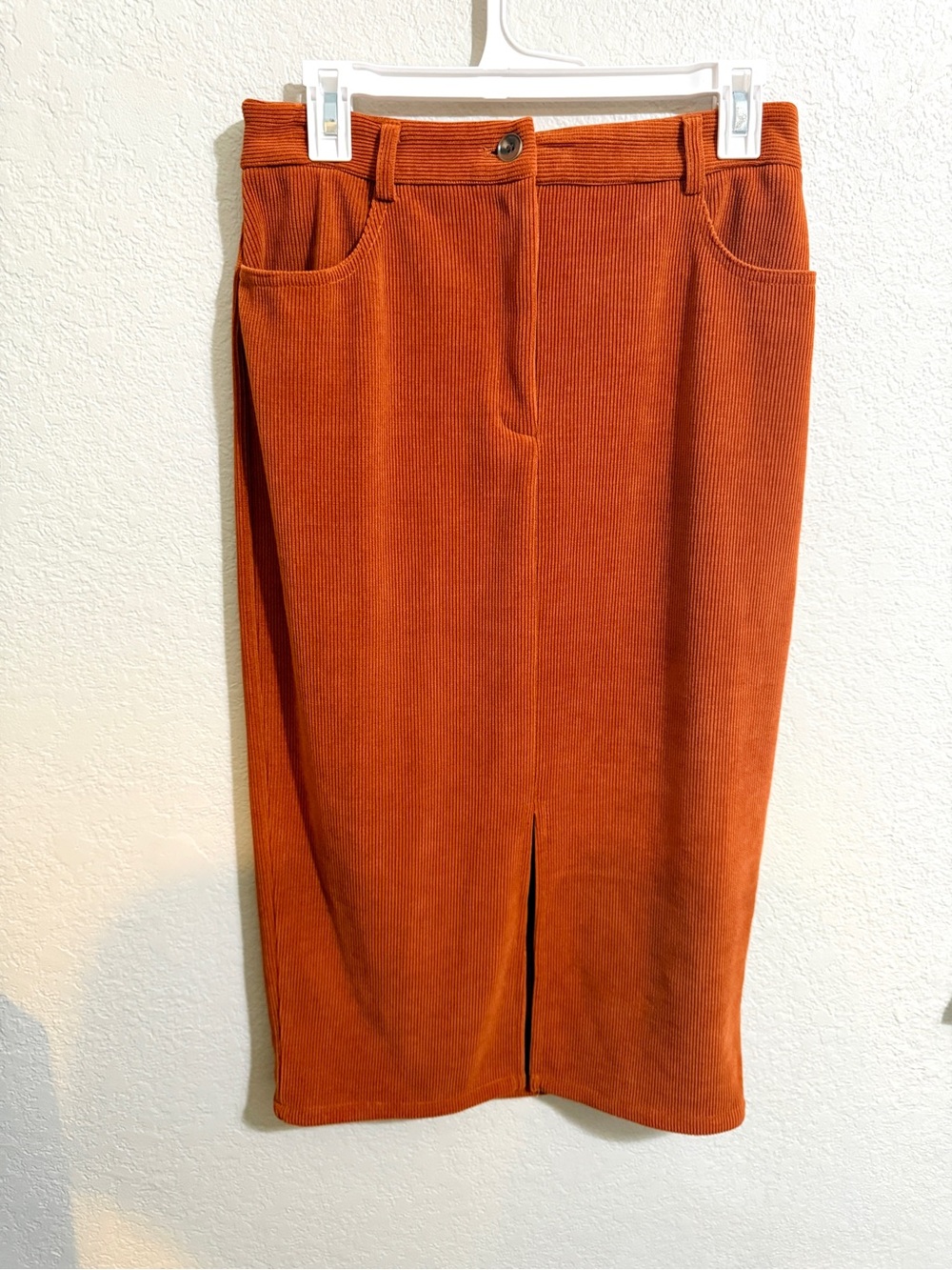 Rust Corduroy Midi Skirt with Front Slit by